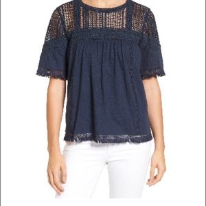 Caslon fringed lace and knit tee, navy, large